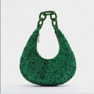 Zara green sequin bead chain handle shoulder bag